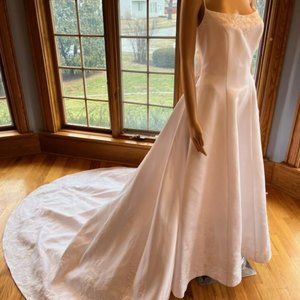 *Casablanca White Satin Beads Detachable Train Wedding Dress Bridal Gown Size 14